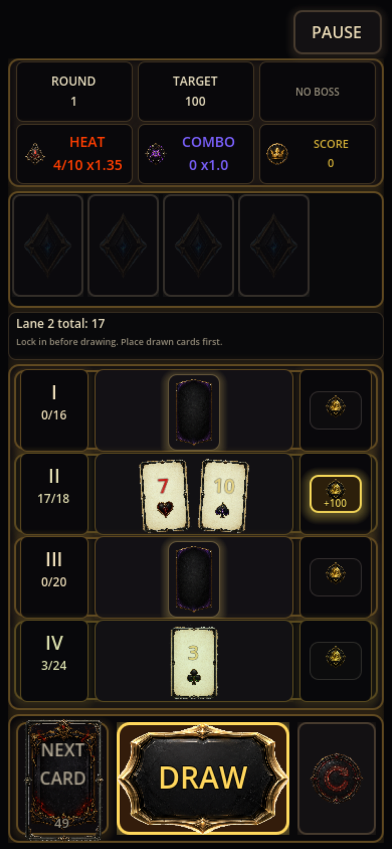 A round in progress with four lanes, each showing its total against its limit