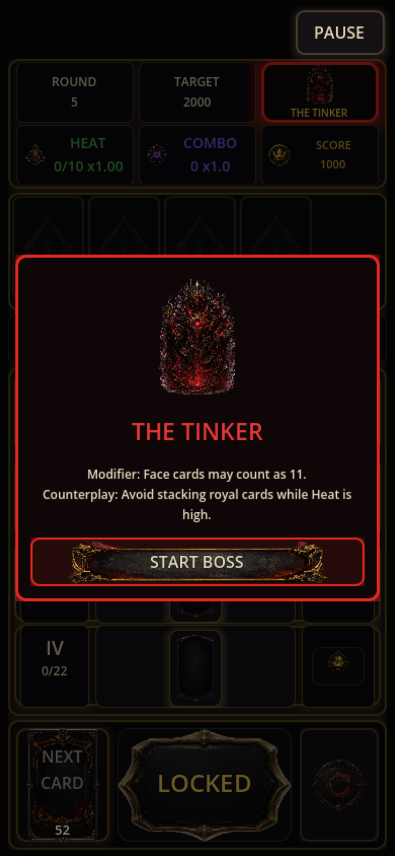 Boss intro for The Tinker, showing its modifier and counterplay