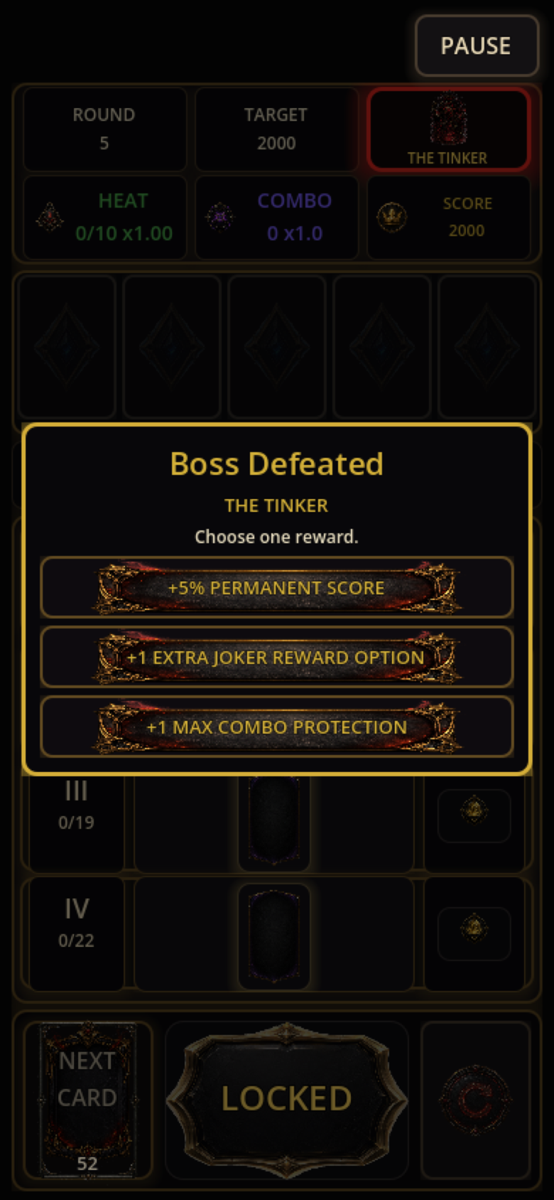Boss defeated screen with three reward choices